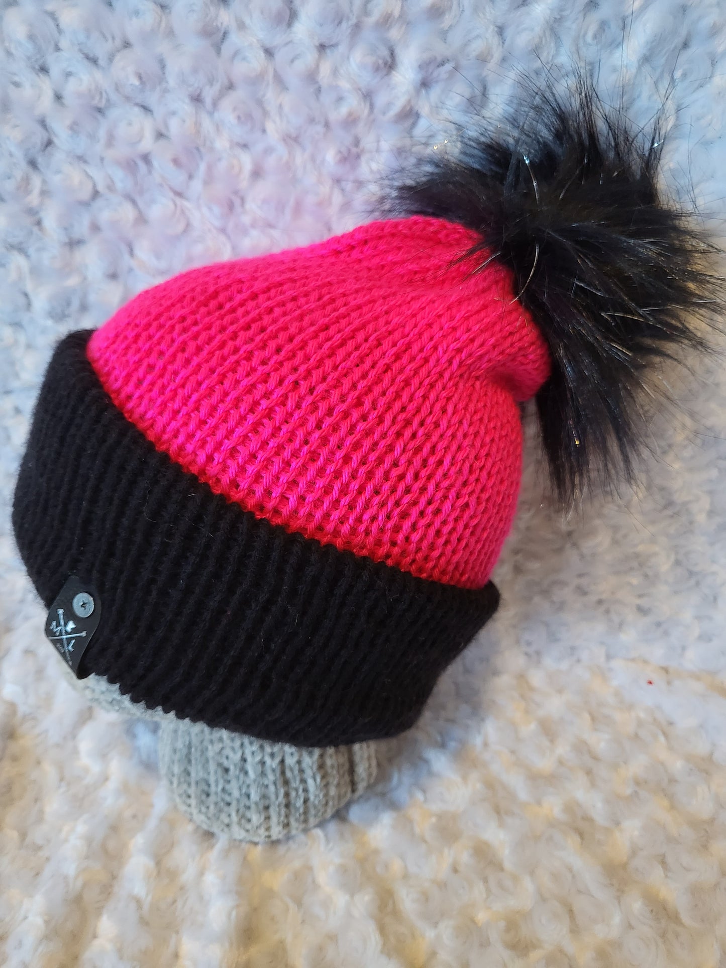 Knit Hats with pom pom - Hot pink and black glitter pom