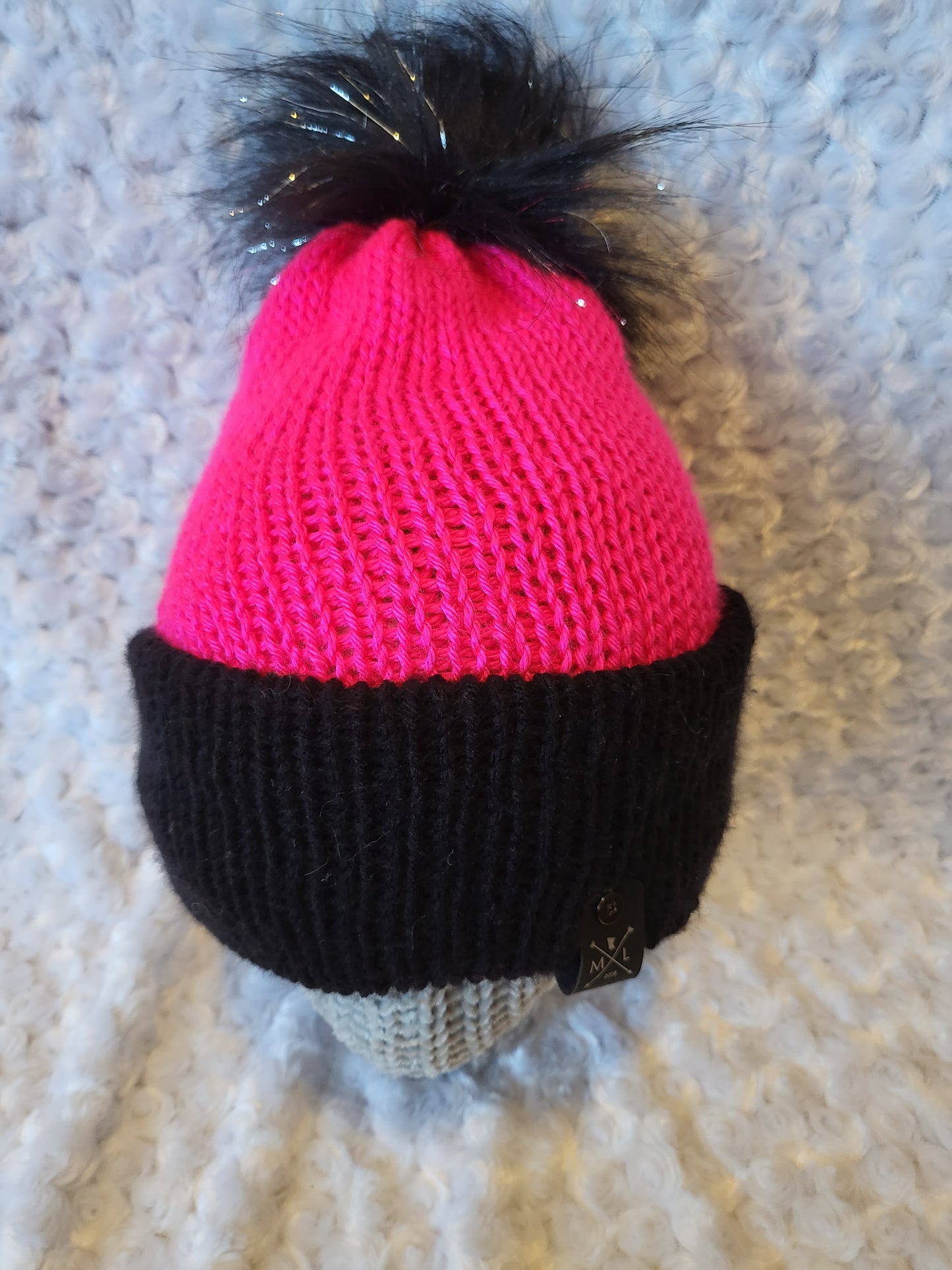 Knit Hats with pom pom - Hot pink and black glitter pom