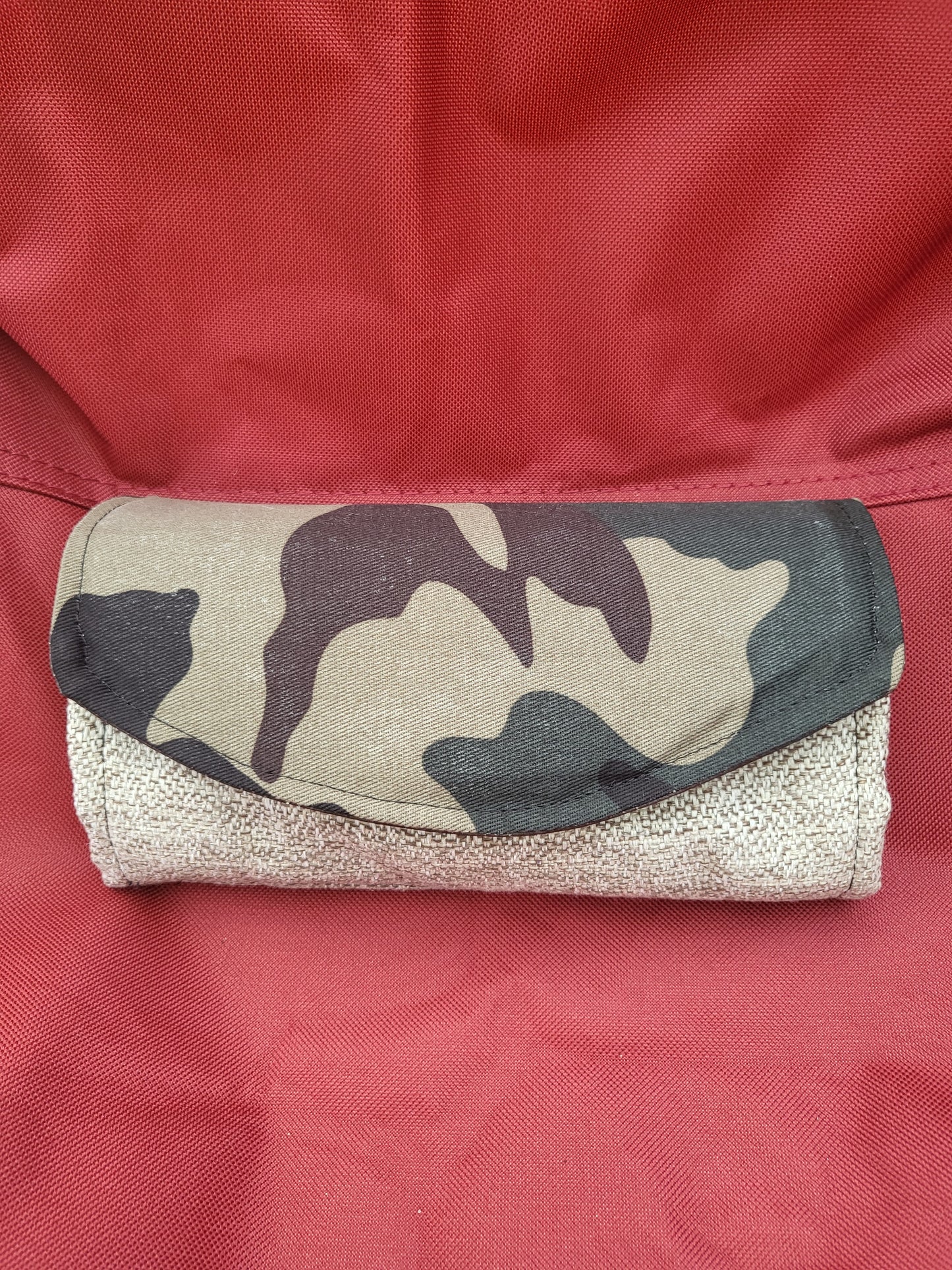 Handmade clutch wallets made with upcycled fabrics - camo