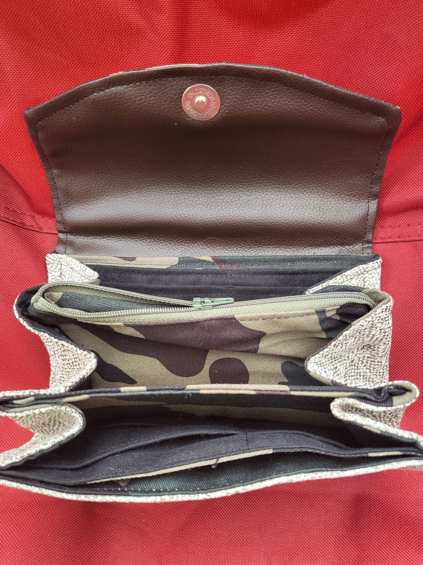 Handmade clutch wallets made with upcycled fabrics - camo