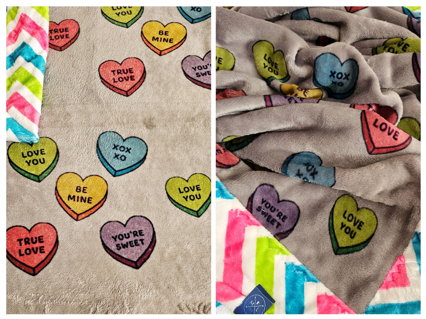 Minky blanket with adorable fold over edge - candy hearts