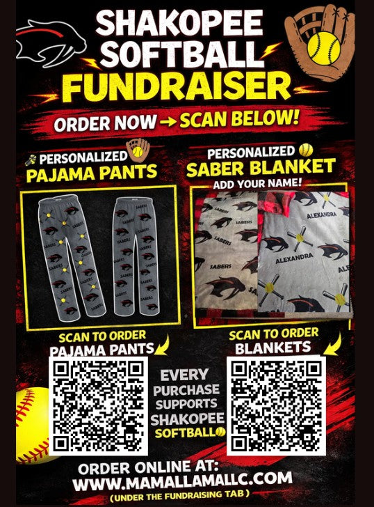 SHAKOPEE SABERS SOFTBALL FUNDRAISER - Custom Sports Youth Pajama pants(CLOSES MARCH 29th)