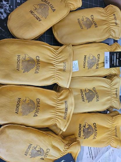 Lined Deerskin personalized chopper mittens - with fingered glove inside.