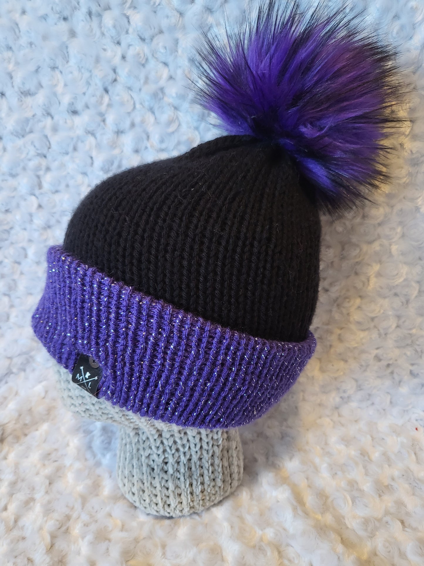 Knit Hats with removable pom pom - purple glitter