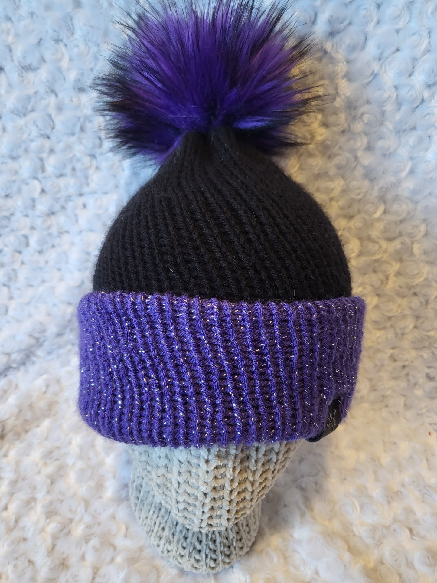 Knit Hats with removable pom pom - purple glitter