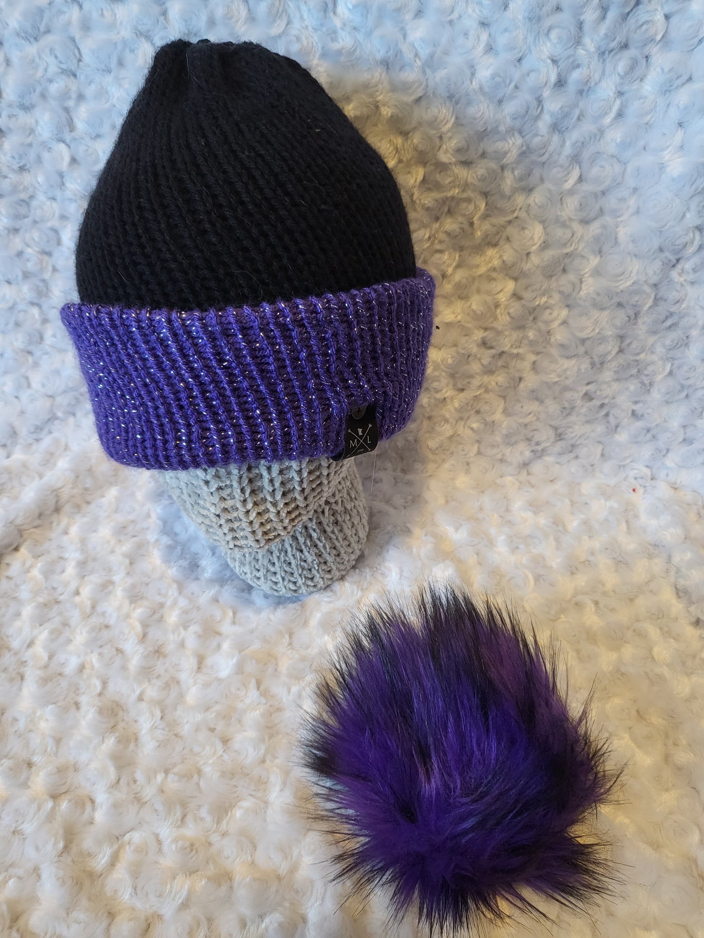 Knit Hats with removable pom pom - purple glitter