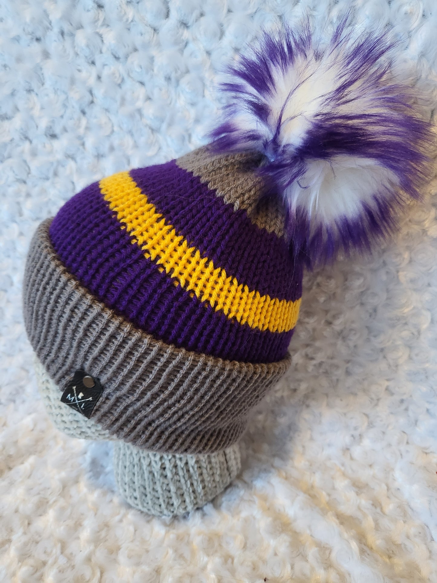 Knit Hats with removable pom pom - purple and gold