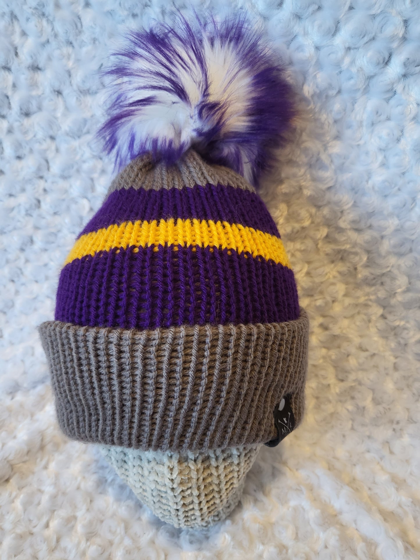 Knit Hats with removable pom pom - purple and gold