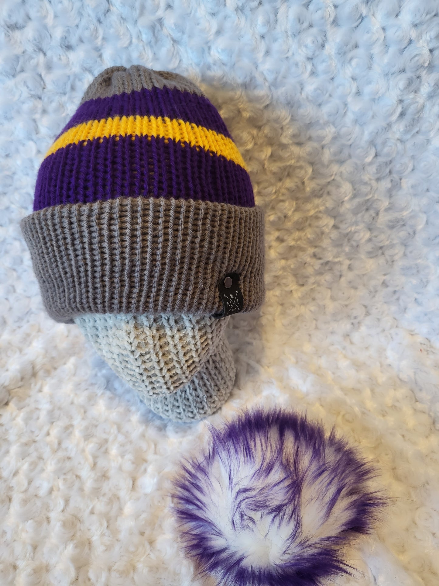 Knit Hats with removable pom pom - purple and gold