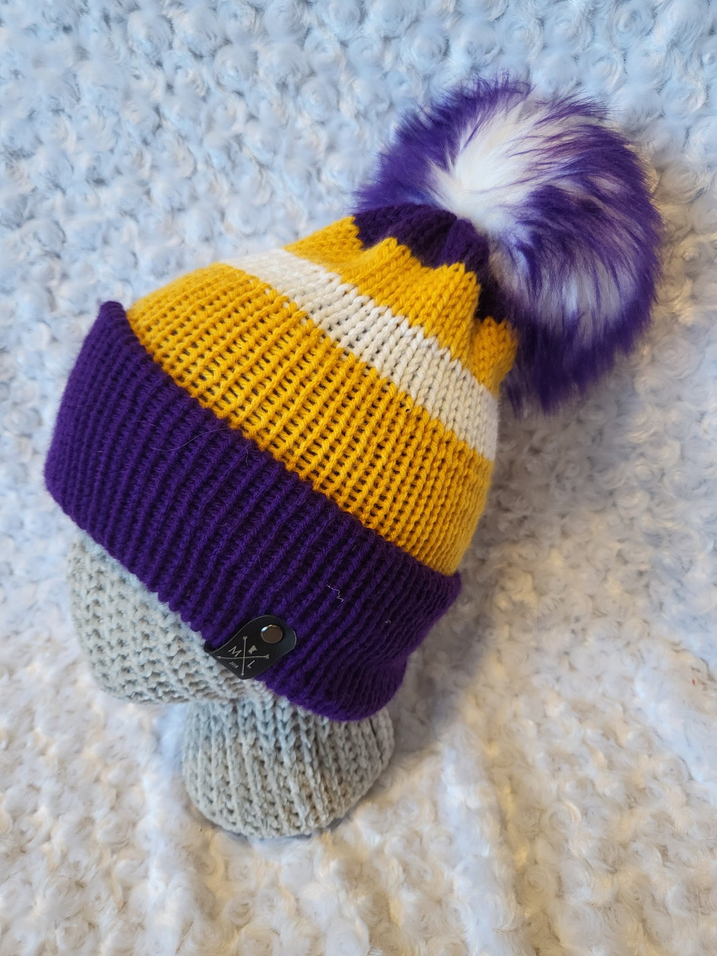 Knit Hats with removable pom pom - gold/purple