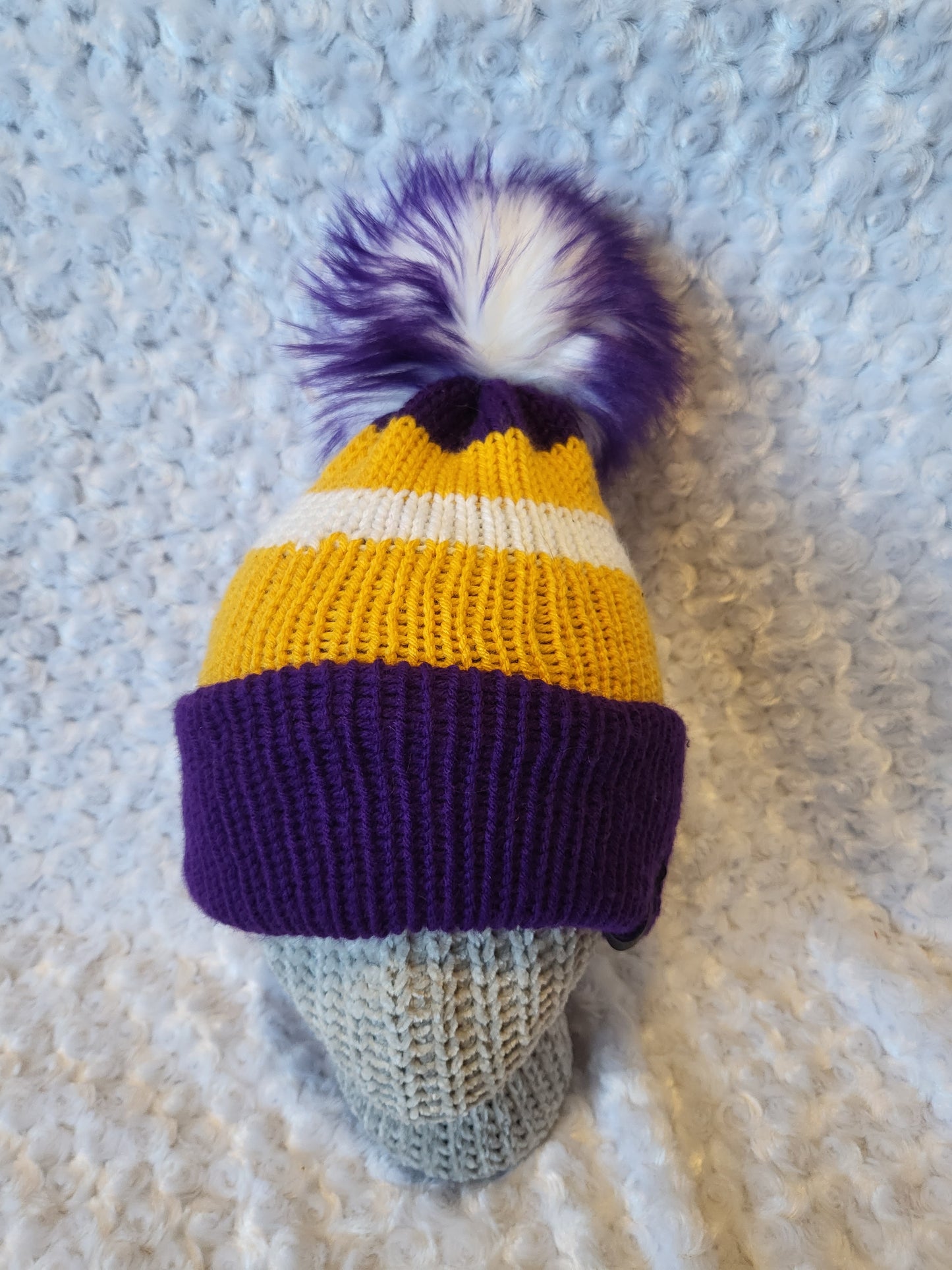 Knit Hats with removable pom pom - gold/purple