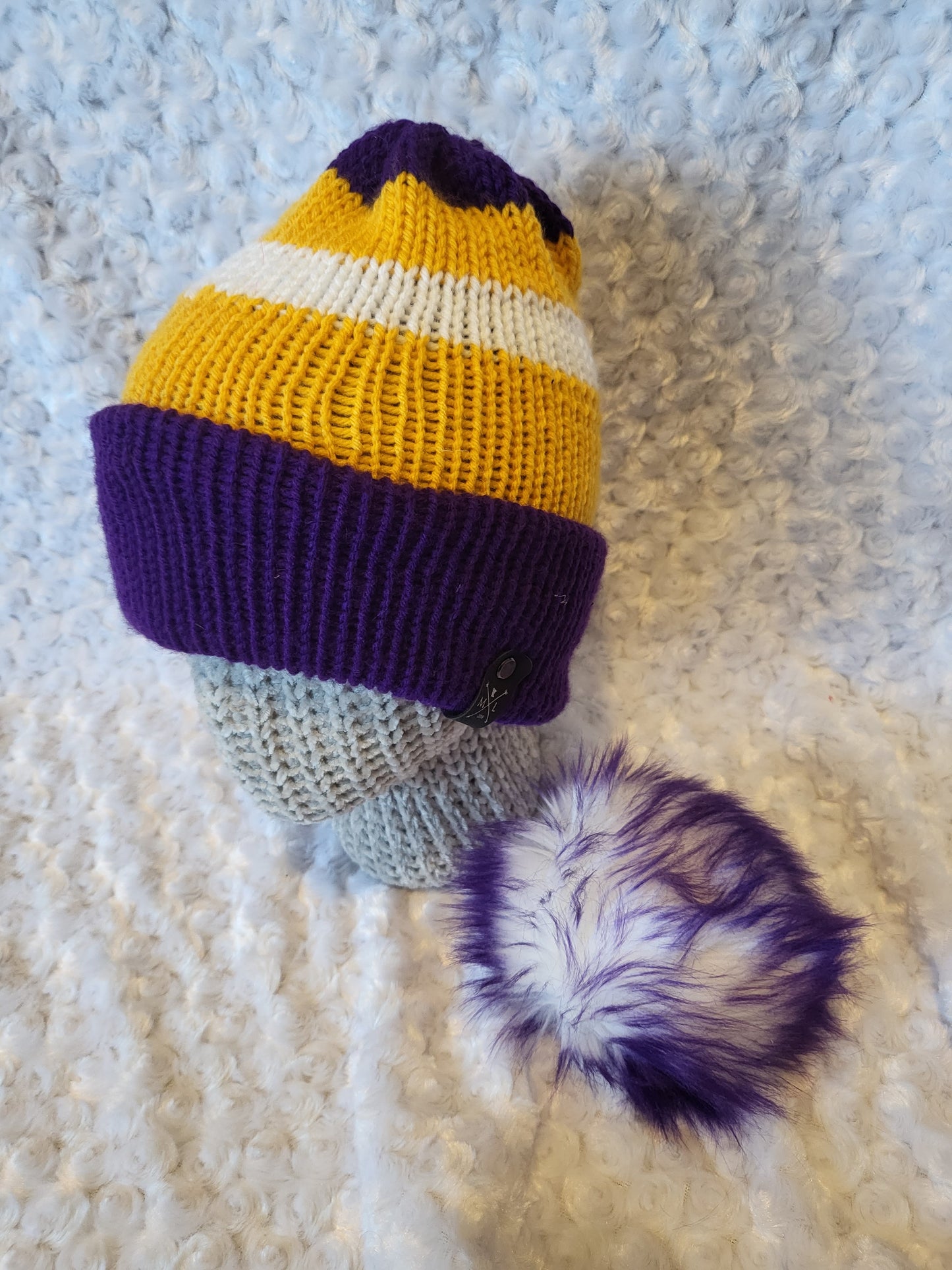 Knit Hats with removable pom pom - gold/purple