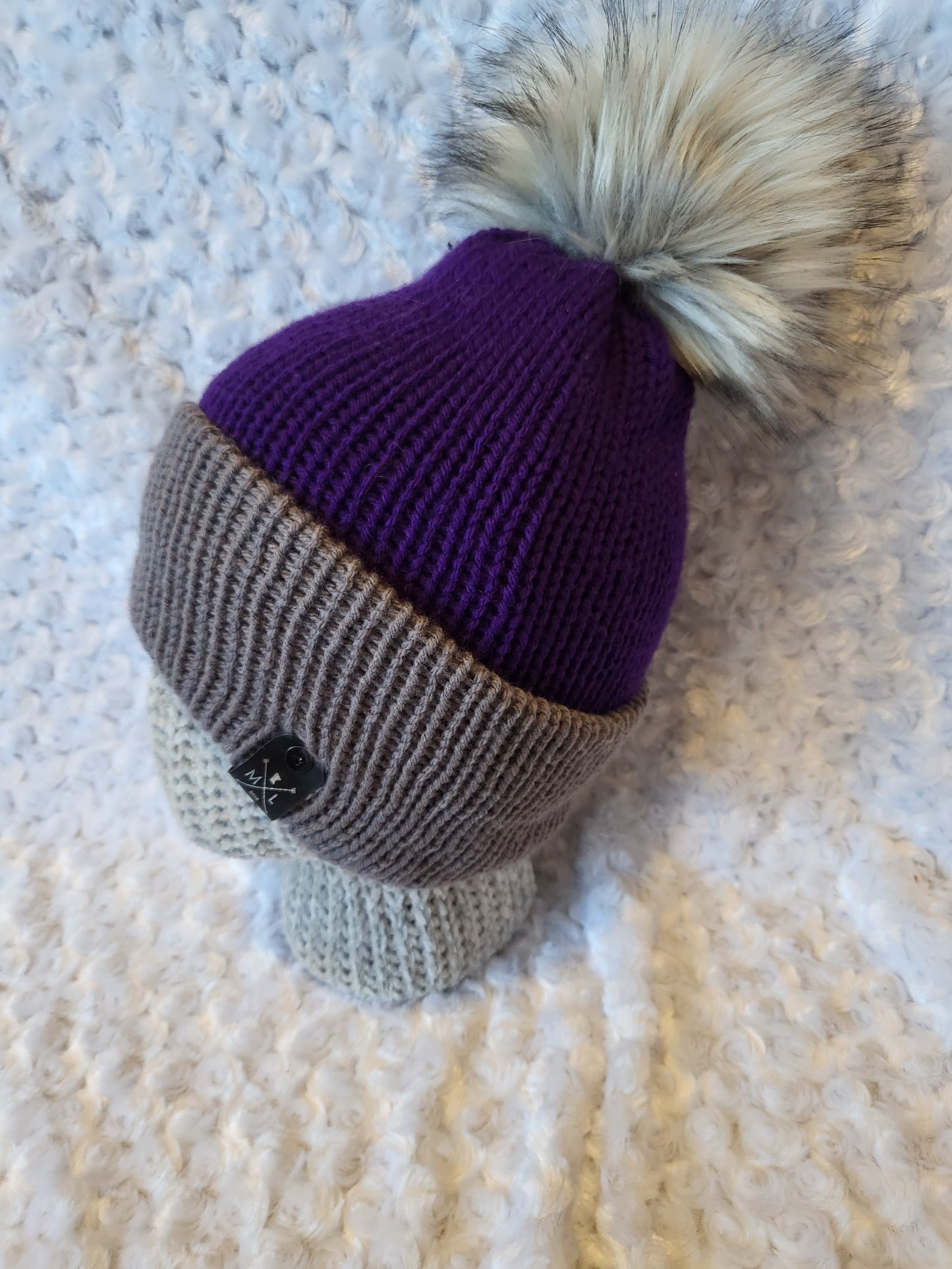 Knit Hats with removable pom pom -purple/grey