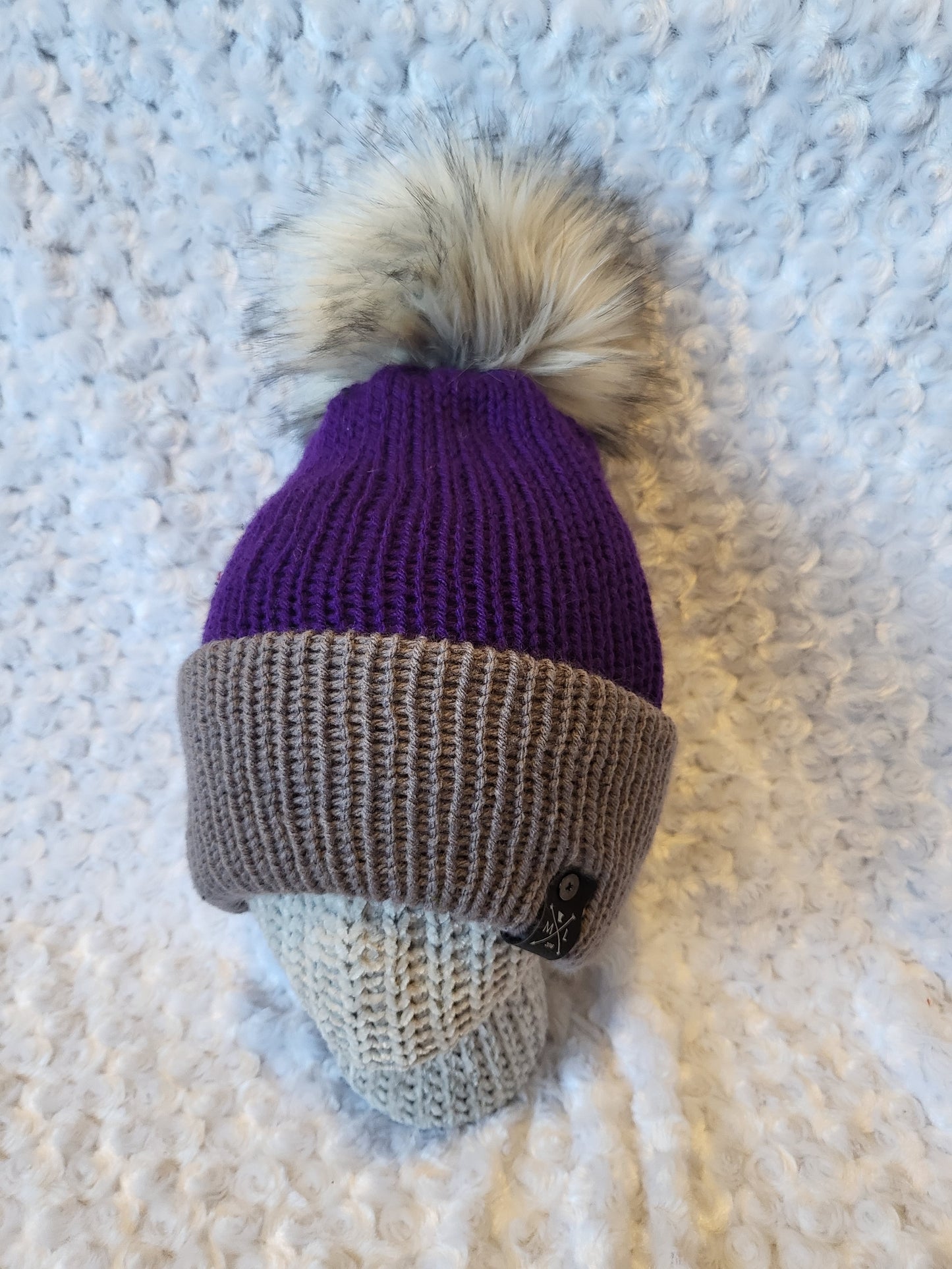 Knit Hats with removable pom pom -purple/grey