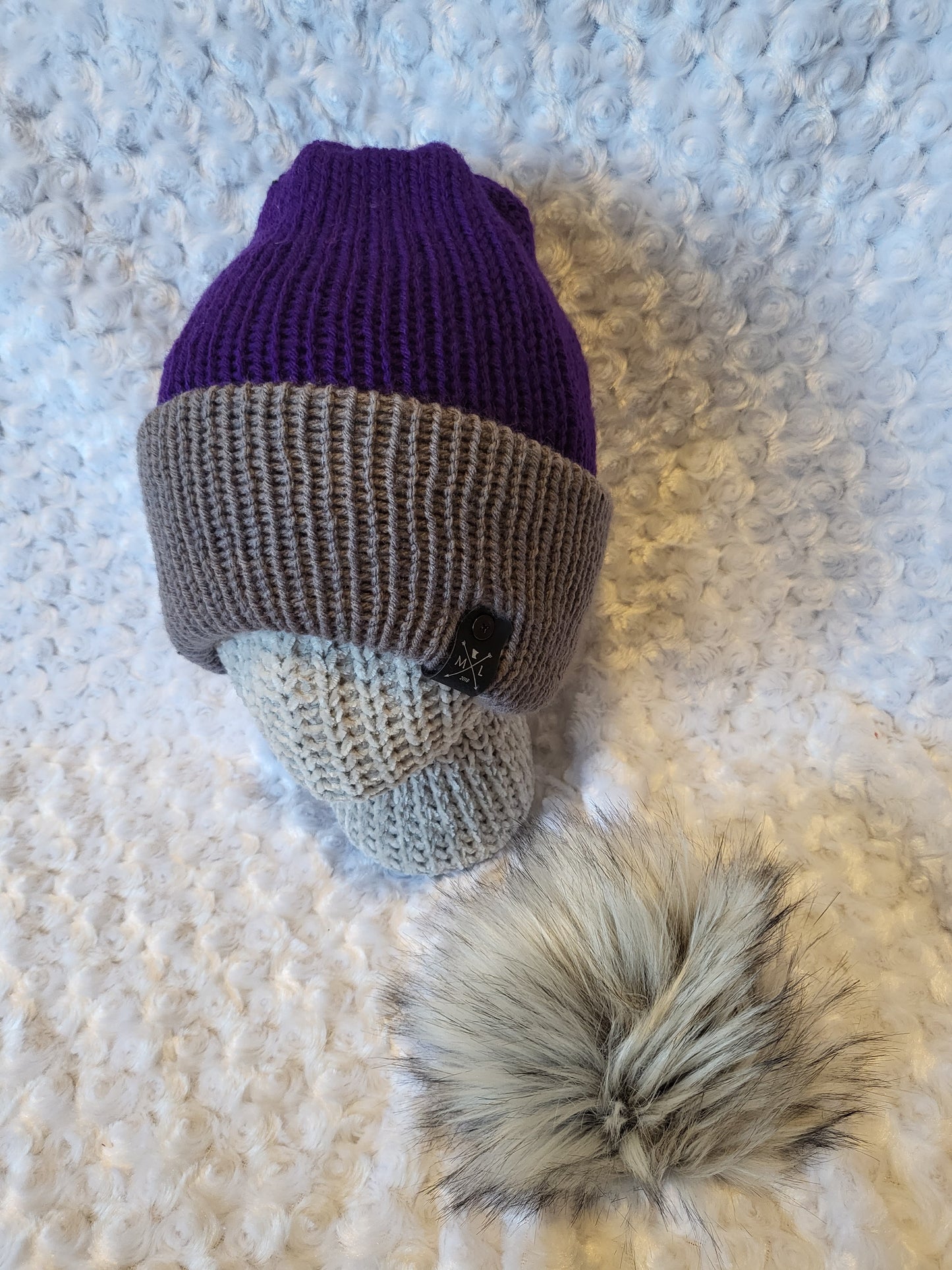 Knit Hats with removable pom pom -purple/grey