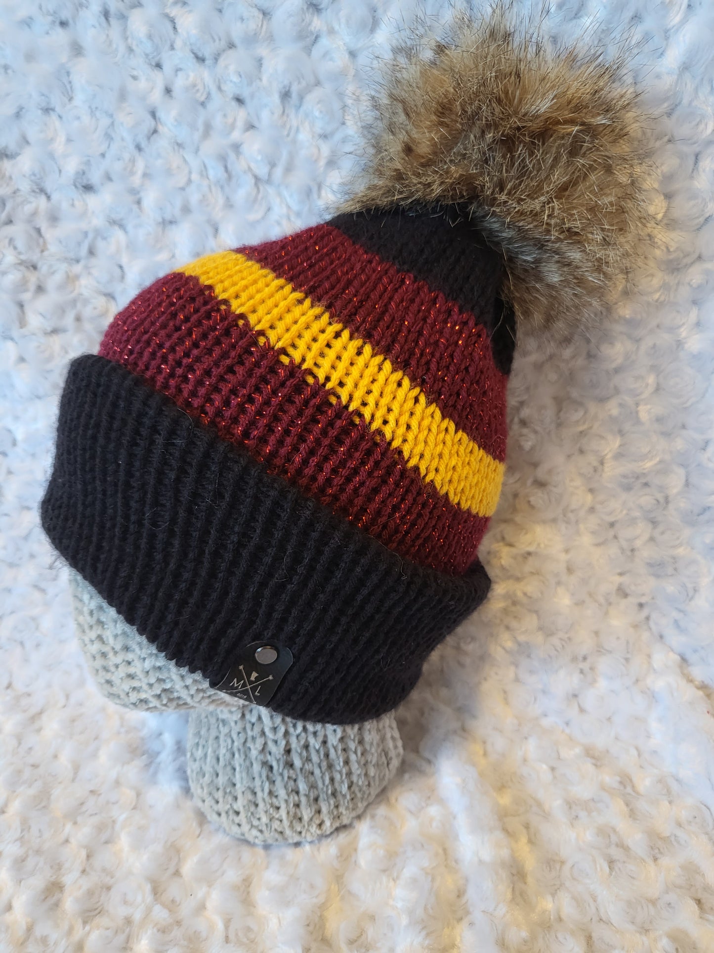 Knit Hats with removable pom pom - maroon/gold