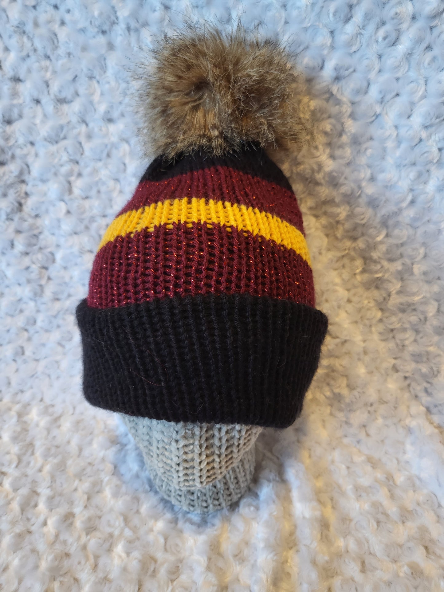 Knit Hats with removable pom pom - maroon/gold