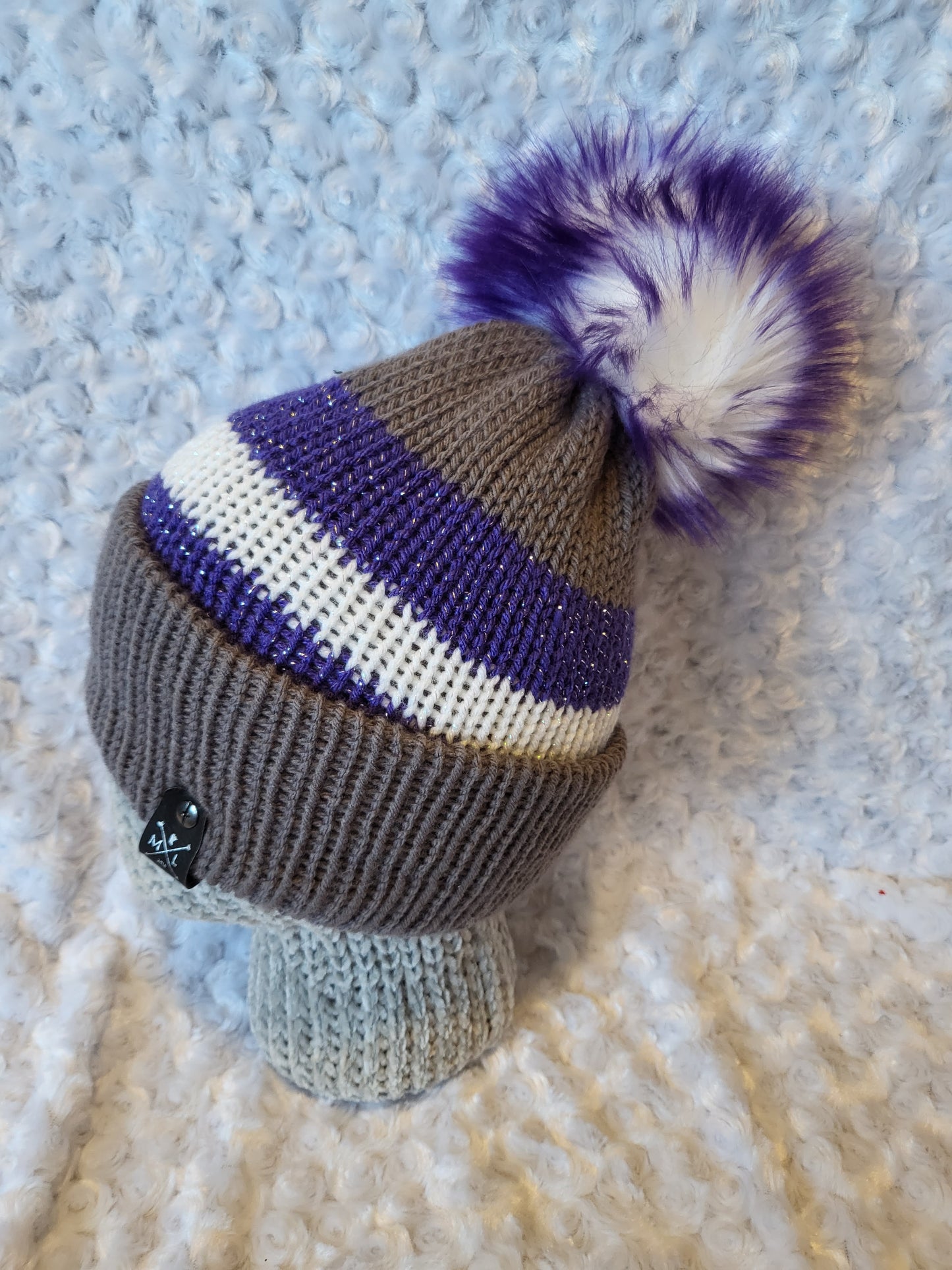 Knit Hats with pom pom - purple and grey