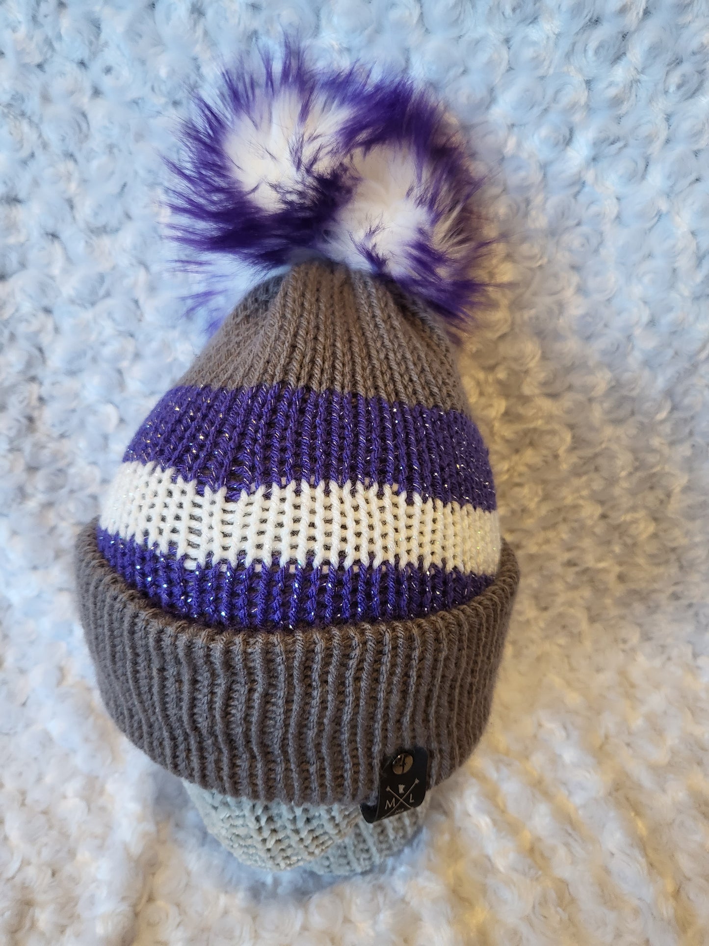 Knit Hats with pom pom - purple and grey