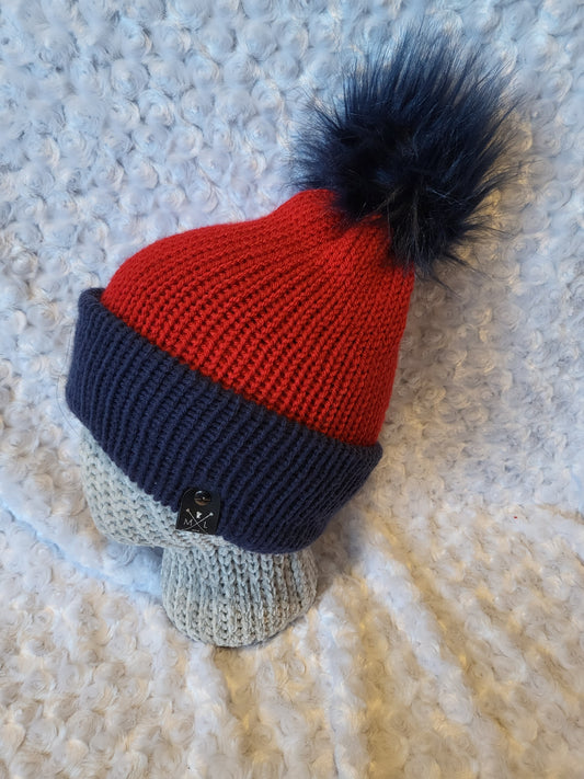 Knit Hats with removable pom pom - Navy/Red