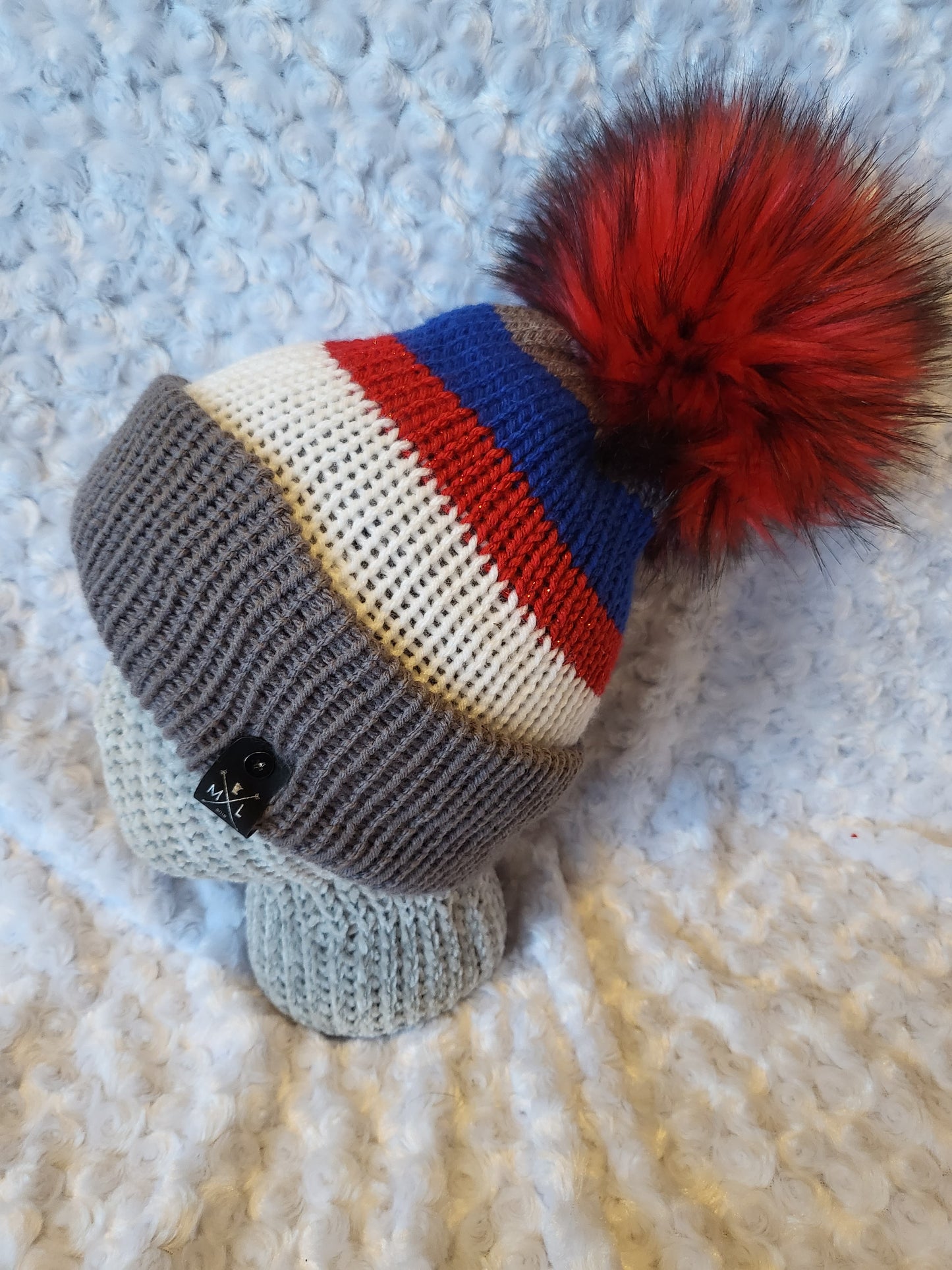 Knit Hats with removable pom pom - red, white and blue