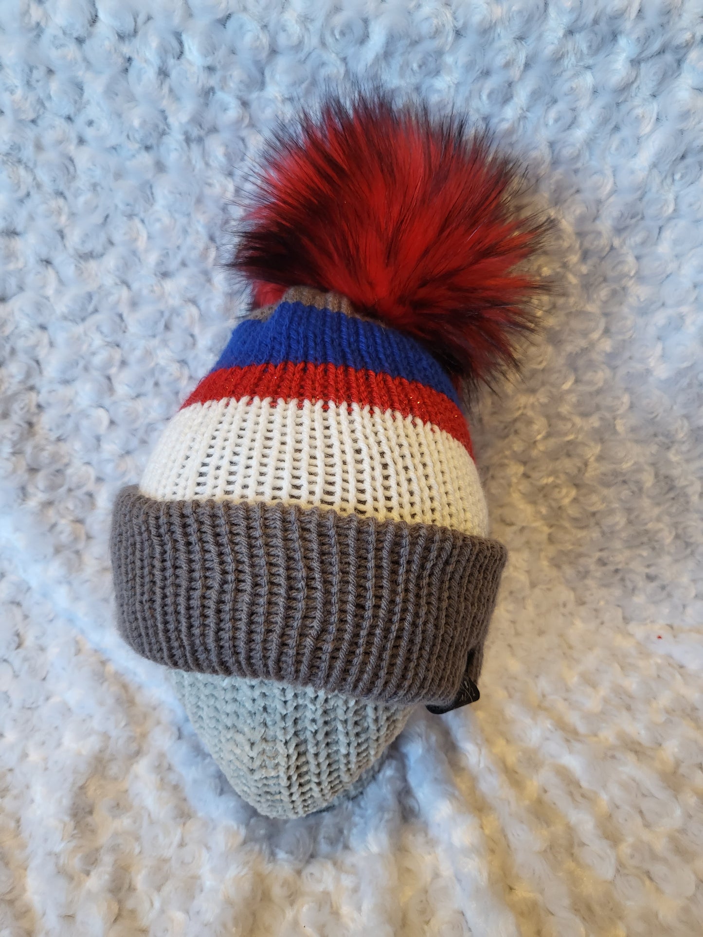 Knit Hats with removable pom pom - red, white and blue