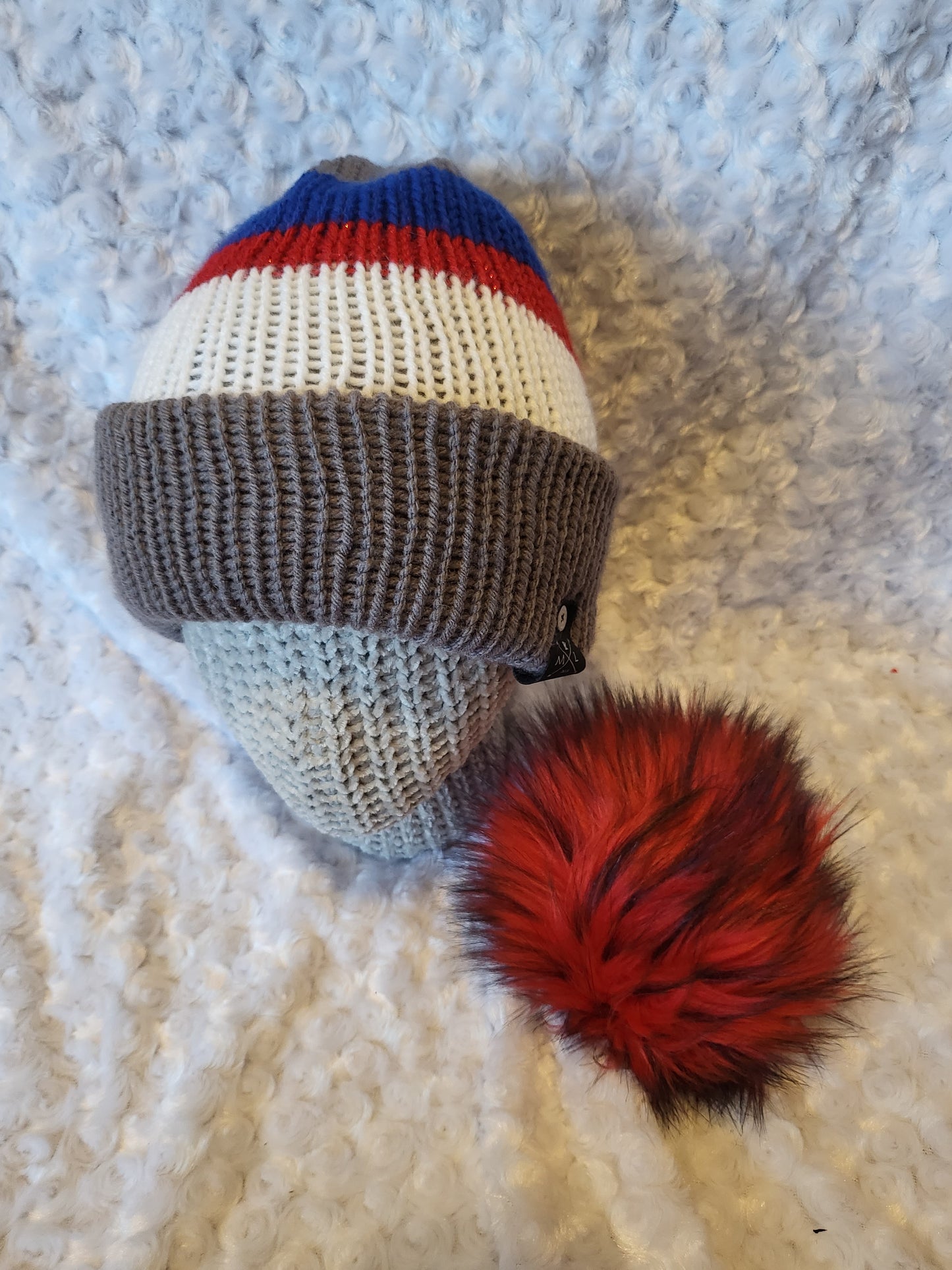 Knit Hats with removable pom pom - red, white and blue