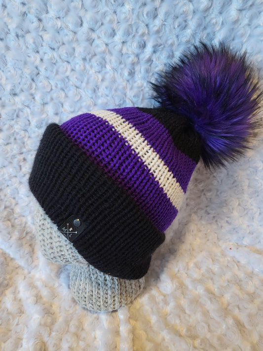 Knit Hats with removable pom pom - purple/white