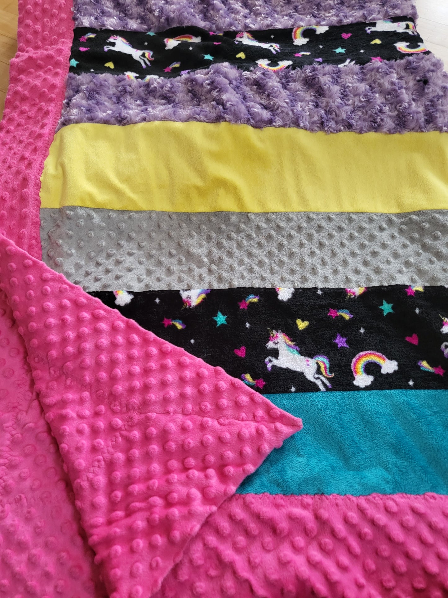 Luxe striped minky blanket with adorable fold over edge - unicorn