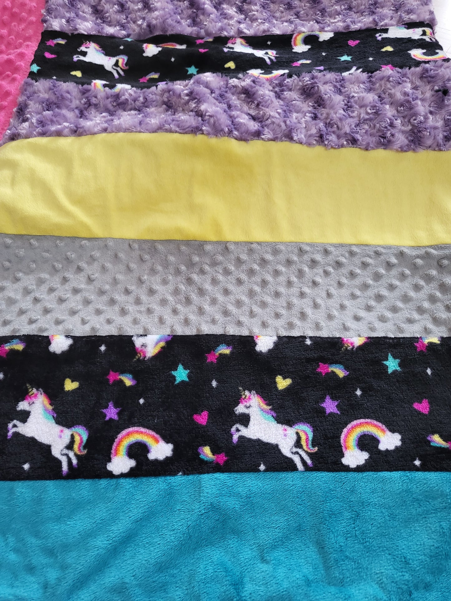 Luxe striped minky blanket with adorable fold over edge - unicorn