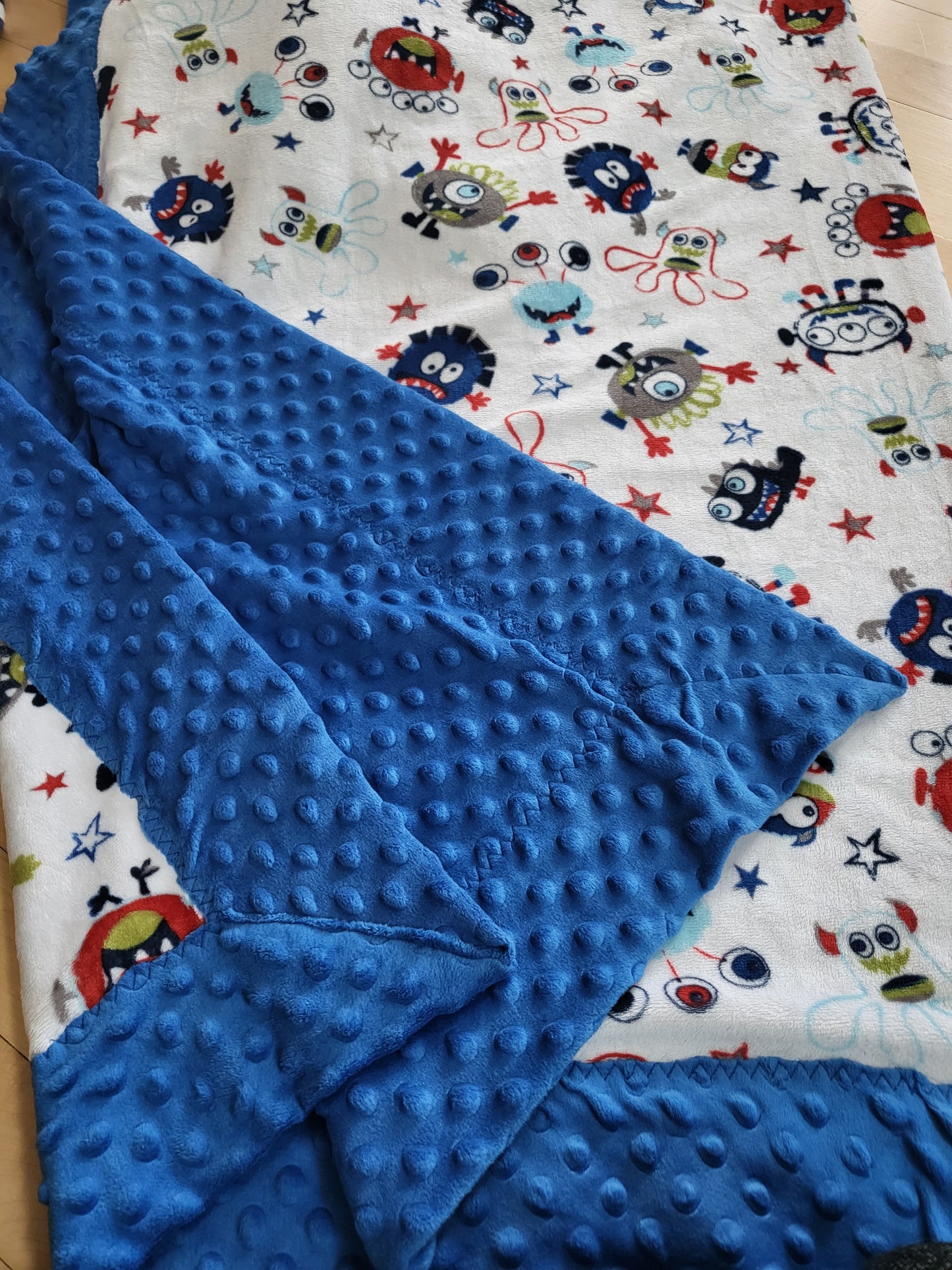 Minky blanket with adorable fold over edge - monsters